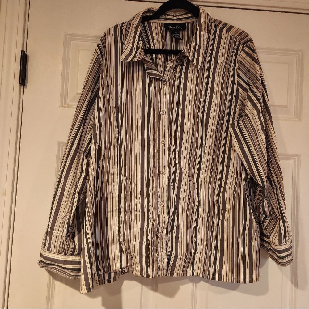 Denim & Co gray and white striped button up shirt 2X